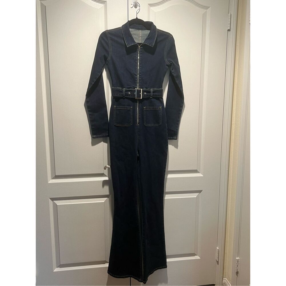 Vintage front zip tie waist jumpsuit in mid wash COLOUR: Dark wash size S - Picture 2 of 9